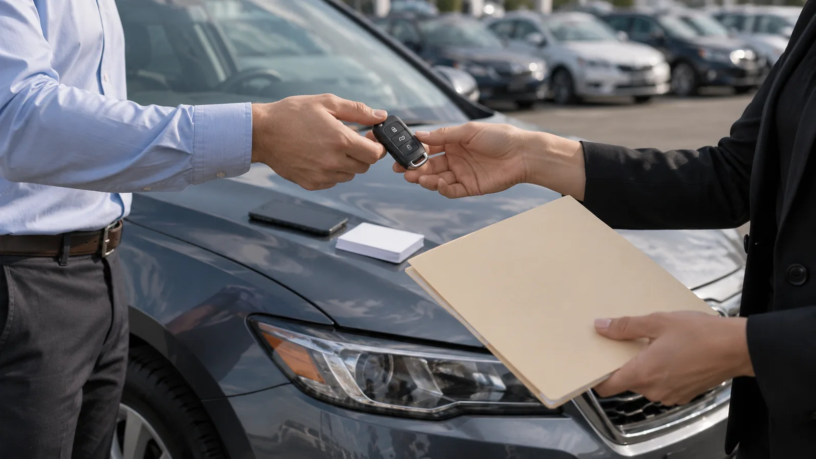 Two dealership staff members exchange a key fob and a blank appointment folder beside a used sedan, with a phone and blank lead cards on the hood.
