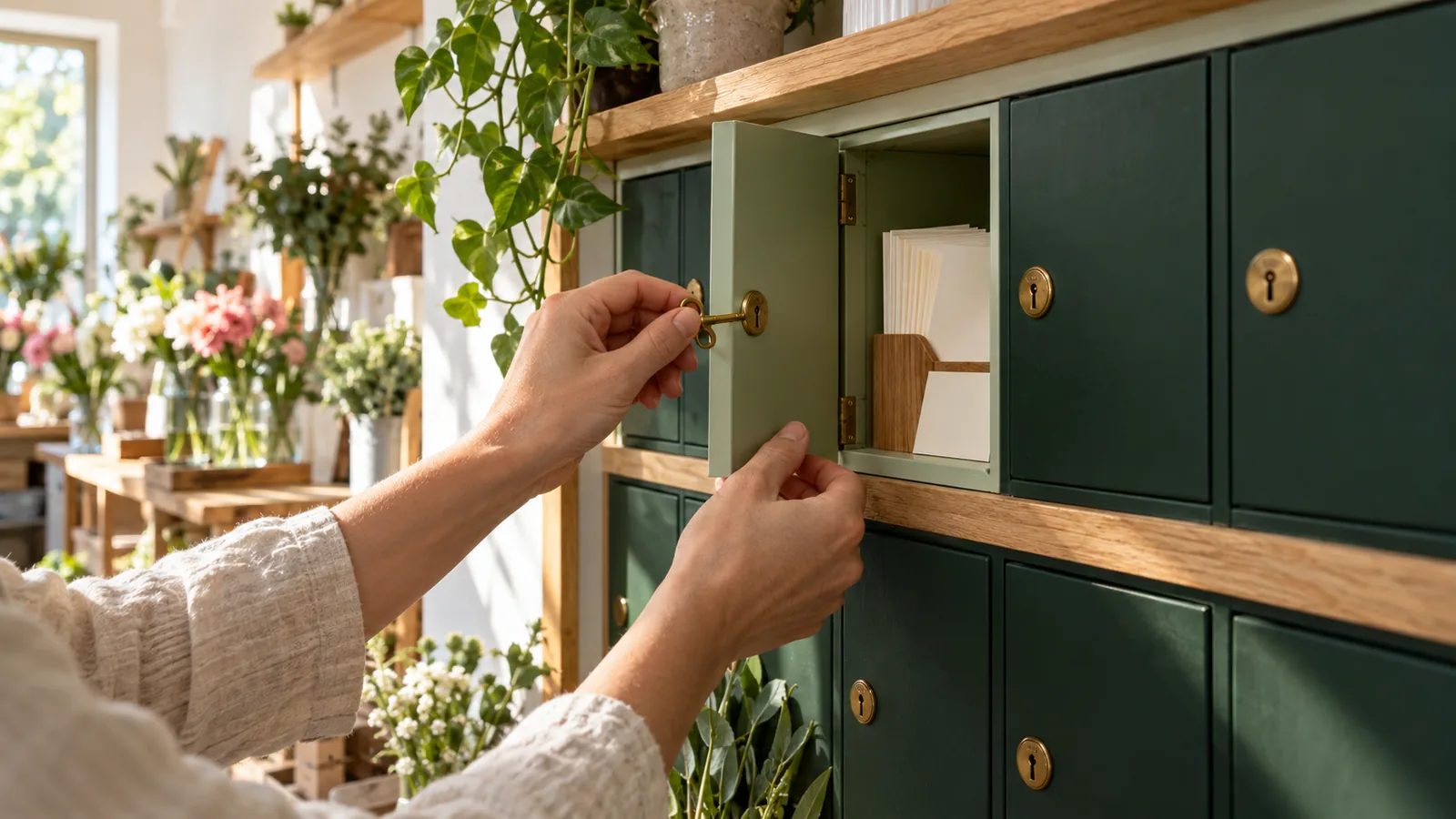 Hands use a brass key to open a sage-green florist-shop cabinet compartment containing blank cream slips held by a wooden clip, with locked green compartments and plants behind.