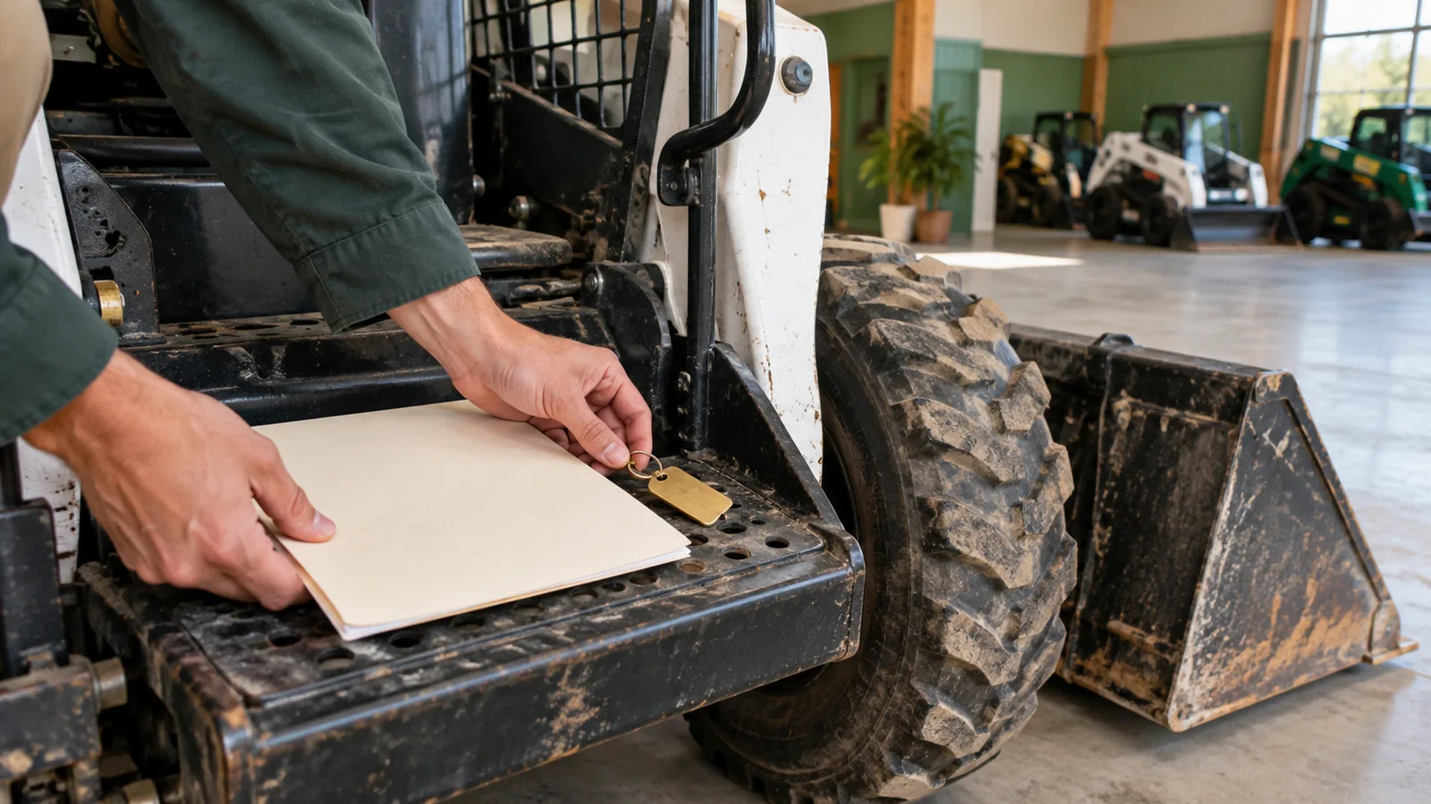 A salesperson's hands place a blank cream quote folder and brass key tag on the step of a used skid steer loader inside a clean equipment dealership bay.