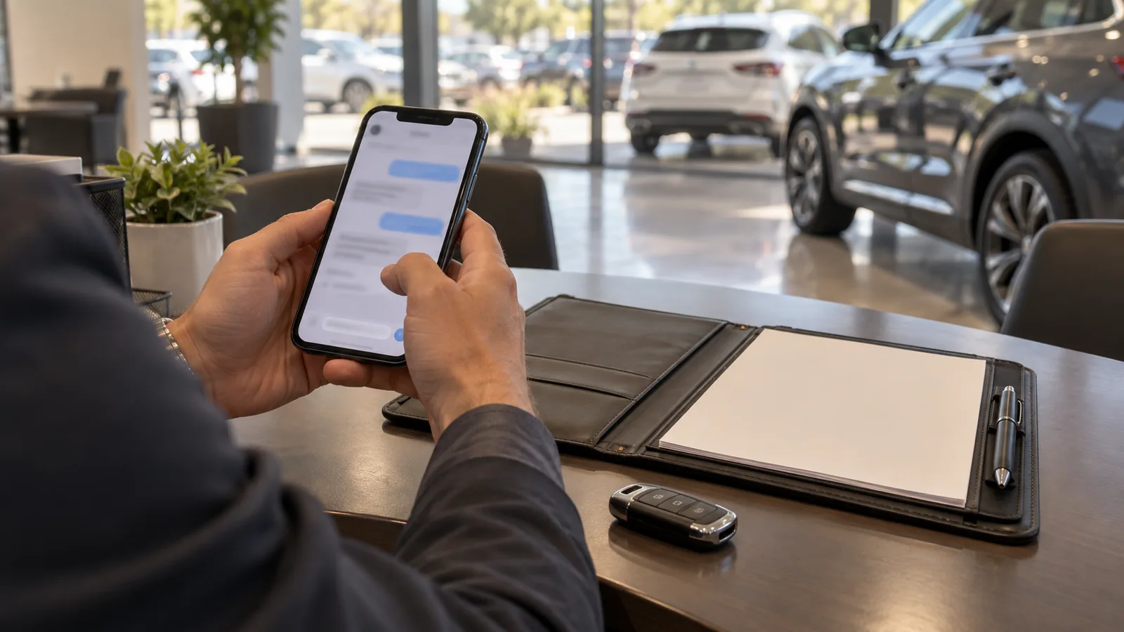 A dealership employee holds a smartphone with blurred message bubbles over a sales desk with a blank lead folder, pen, and key fob in a softly lit used car showroom.