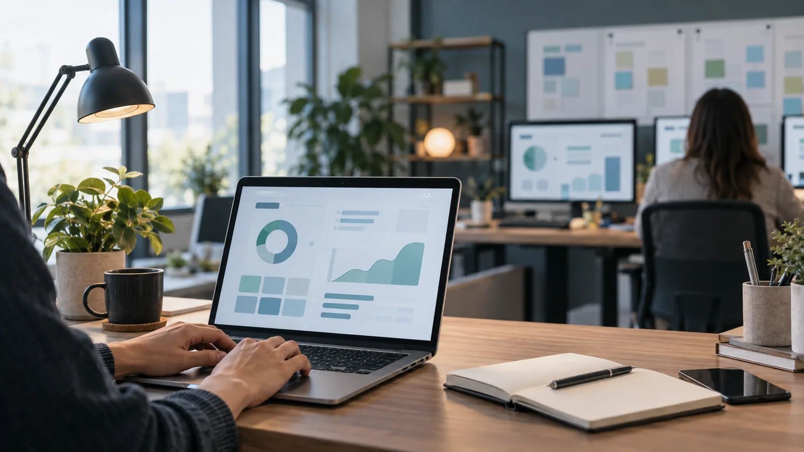 A calm modern office shows hands working at a laptop with abstract charts on nearby screens in soft natural light and muted slate and teal tones.