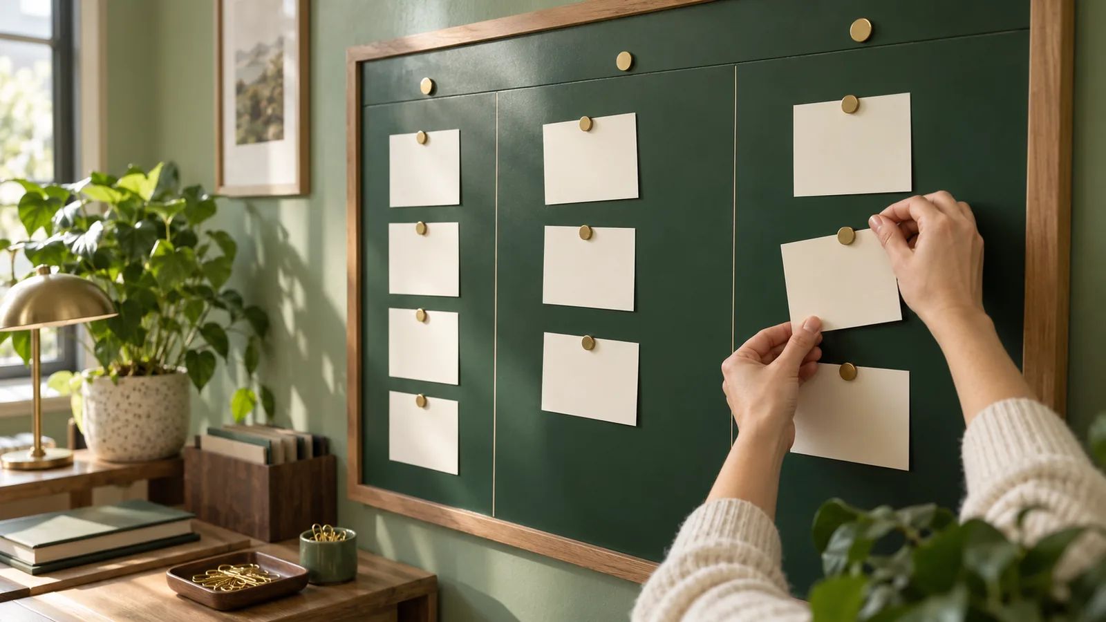A recruiter's hands arrange blank cream candidate cards with brass magnets on a forest-green hiring workflow board in a softly lit boutique office.